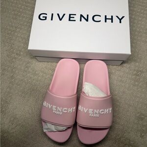 Givenchy Pink Logo Slide Sandals with White Branding